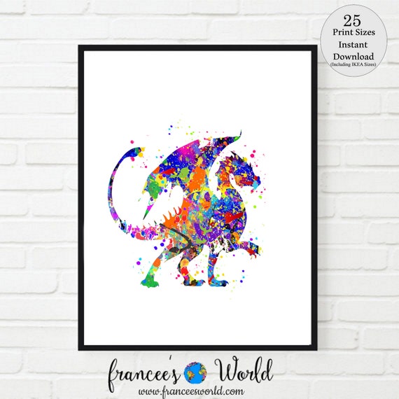 Dragon Print Watercolor, Dragon Printable dragon decor game of thrones boys room art dragon gift dragon lover dragon theme party colorful Il_570xn