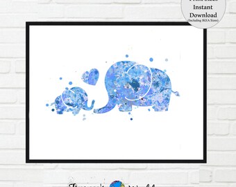 Elephant Printable, Blue elephant, Boy's nursery art, Kids room art, baby shower gift, Elephant mother and baby, Blue elephant wall decor