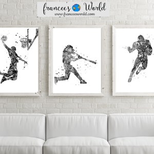 Basketball, Football, Baseball, Print, Set of 3 Sports, Black and White, Boys sports, Boys room art, black and white room decor, sport art