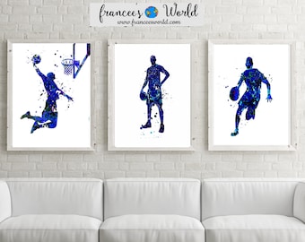 Blue Basketball Watercolor Art Prints, Set of 3 (Digital Download)
