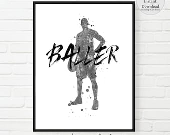 May include: A black and white watercolor illustration of a basketball player dribbling a ball with the word "BALLER" in bold black letters.