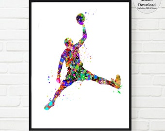 May include: A colorful watercolor painting of a basketball player in mid-air, about to dunk the ball. The player is depicted in a vibrant array of colors, with splashes of paint creating a dynamic and energetic feel.