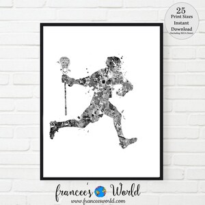 May include: Black and white watercolor painting of a lacrosse player running with a stick in hand.