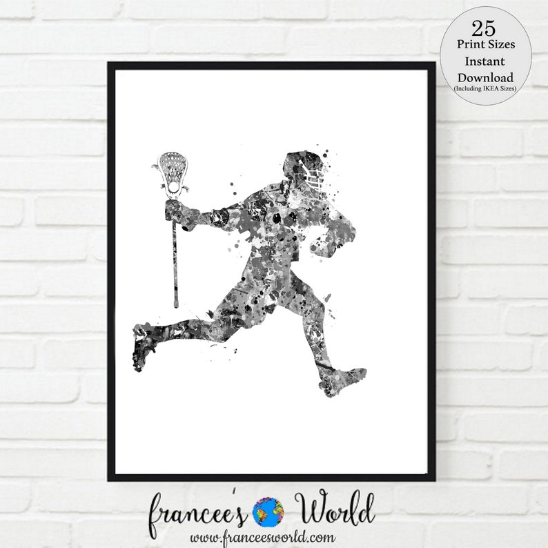 May include: Black and white watercolor painting of a lacrosse player running with a stick in hand.