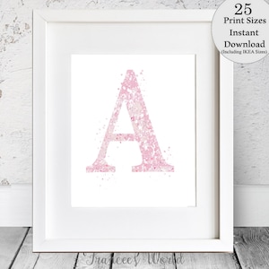 Decoración de dormitorio con la letra A en color rosa, arte con letras, impresión con la letra A, póster con la letra A, acuarela con la letra A, letrero con la letra A, monograma con la letra A, guardería para niñas