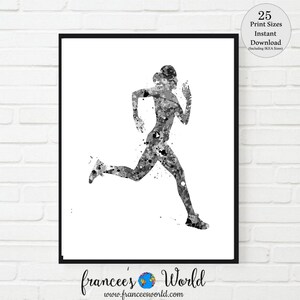 May include: Black and white watercolor illustration of a person running. The image is in a minimalist style with a white background.