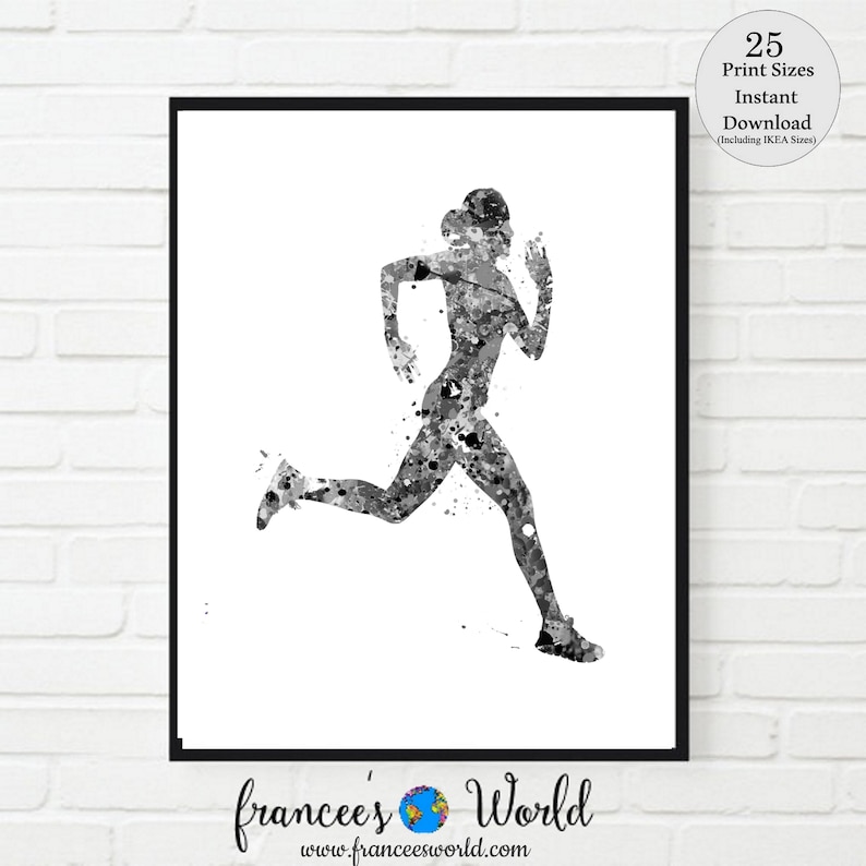 May include: Black and white watercolor illustration of a person running. The image is in a minimalist style with a white background.