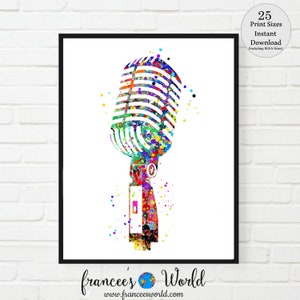 Microphone print vinatage microphone singer gift vocalist gift microphone picture PRINTABLE instant Dorm art, watercolor sing music room art