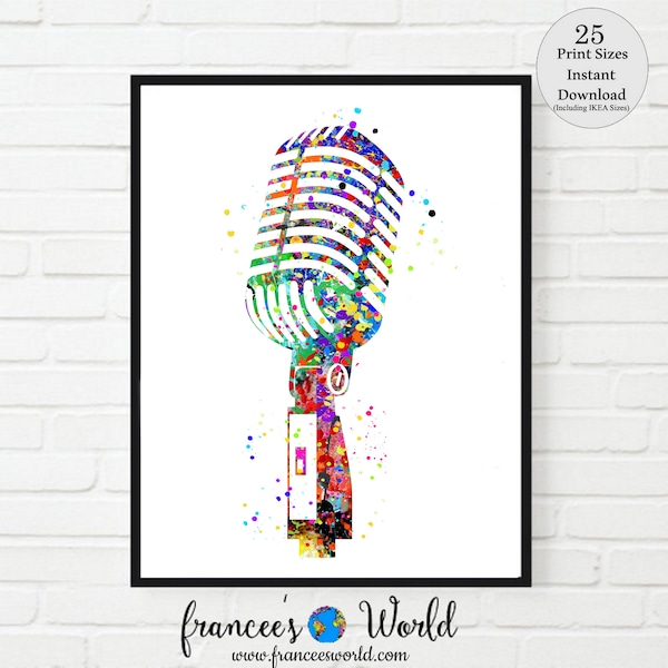 Microphone print vinatage microphone singer gift vocalist gift microphone picture PRINTABLE instant wall art, watercolor sing music room art