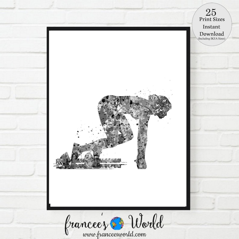 May include: Black and white watercolor illustration of a person in a runner's starting position. The image is a digital download and is available in 25 different sizes.