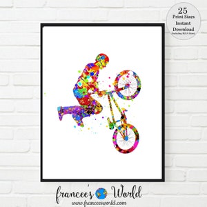 Trial Cyclist Print trial Bike Printable, BMX, Motorbike Watercolor, Mountain Bike boy room art, Trial Cycle gift ,Sport Bike Stunt Racing