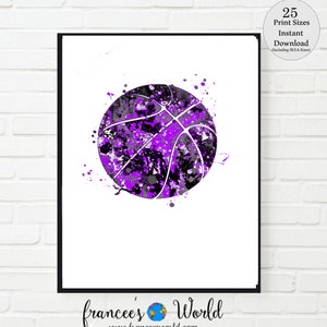 May include: Purple and black basketball with a watercolor splatter effect. The basketball is on a white background.