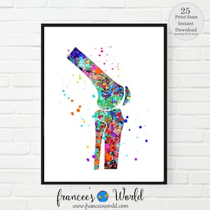 Impression articulation du genou, genou à imprimer, os du genou impression aquarelle corps humain anatomie art os de la jambe art médical, système squelettique clinique orthopédique