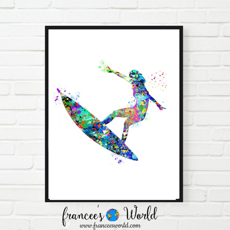 Puede incluir: Una pintura acuarela colorida de una persona surfeando en una ola. La pintura est&aacute; hecha en tonos de azul, verde, amarillo y rosa.