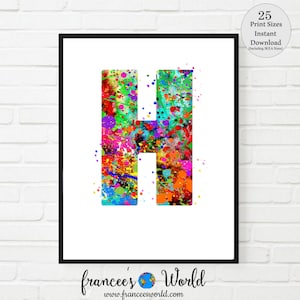 Decoración de dormitorio con la letra H, arte con letras, impresión con la letra H, IMPRIMIBLE, acuarela con la letra H, guardería con la letra H, monograma con la letra H, letra H, inicial H