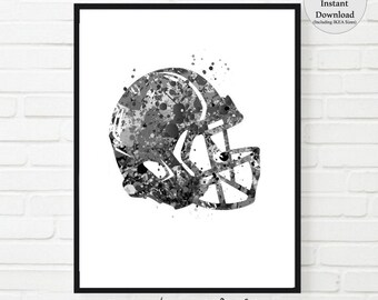 Football Helmet print black and white football player helmet Watercolor American football printable football wall decor art, boys room decor