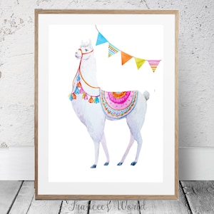 Llama print, Printable llama art, nursery room art, White llama, Cute animal print,alpaca print, Floral magenta print, llama poster,Dorm art