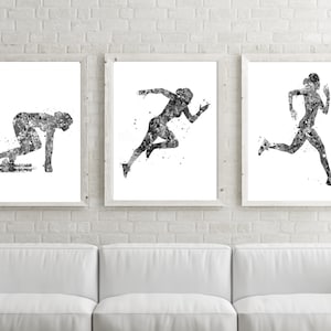 May include: Three black and white watercolor illustrations of a runner in different poses. The first illustration shows a runner in a starting position, the second shows a runner in mid-stride, and the third shows a runner finishing a race.