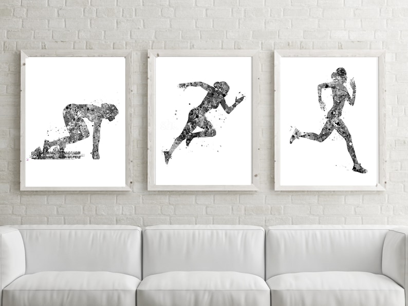 May include: Three black and white watercolor illustrations of a runner in different poses. The first illustration shows a runner in a starting position, the second shows a runner in mid-stride, and the third shows a runner finishing a race.