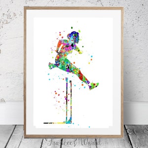 May include: A watercolor painting of a person jumping over a hurdle. The painting is done in a variety of colors, including blue, green, yellow, orange, and red. The person is in mid-air, and the hurdle is in the foreground. The background is white.