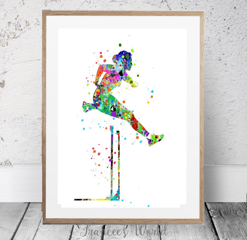 May include: A watercolor painting of a person jumping over a hurdle. The painting is done in a variety of colors, including blue, green, yellow, orange, and red. The person is in mid-air, and the hurdle is in the foreground. The background is white.