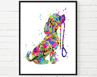 Dog Watercolor Dog and leash, dog printable, Puppy print,dog lover gift, dog silhouette,pet Dog,puppy love, dog Art,dog poster,dog Dorm art