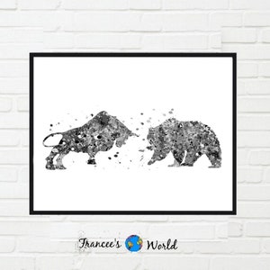 May include: A black and white watercolour painting of a bull and a bear facing each other. The bull is on the left and the bear is on the right. The painting is on a white background. The text "Francee's World" is at the bottom of the painting.