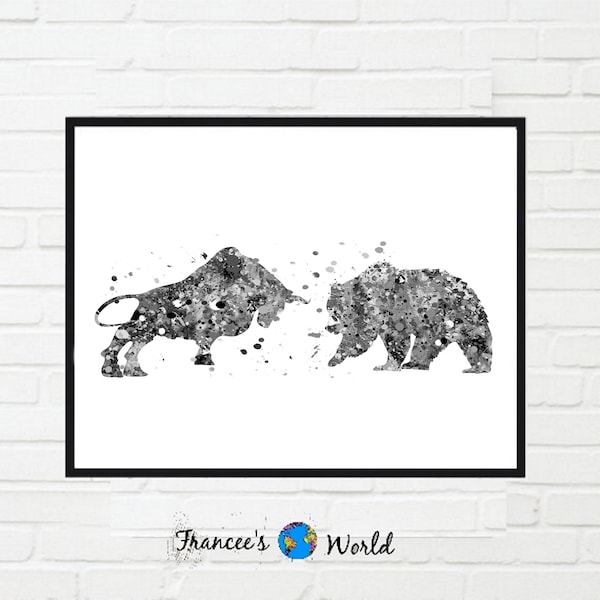 Bull and Bear  Print, Bull vs Bear Watercolor, PRINTABLE, Office ART, Stock Market Exchange Bull vs. Bear, Wall Street art, stock trader