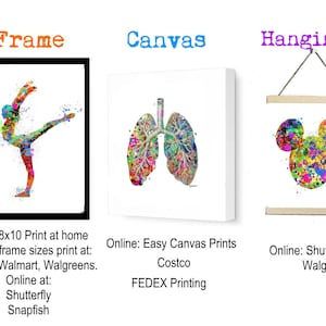 K&ouml;nnte beinhalten: Drei verschiedene M&ouml;glichkeiten, Kunstwerke zu pr&auml;sentieren: ein gerahmter Druck einer farbenfrohen T&auml;nzerin, ein Leinwanddruck einer farbenfrohen anatomischen Illustration der Lunge und ein h&auml;ngender Druck eines farbenfrohen Mickey-Maus-Kopfes.