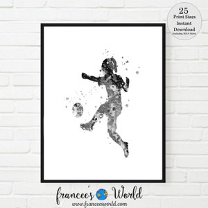 Soccer Gift soccer printable Girl Soccer, Black and white, Soccer Watercolor, Girl Soccer Dorm Art, Girl Room Art,Sport Print,Soccer Art