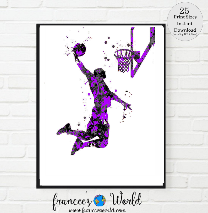 Purple Basketball Watercolor Art, Set of 4 Prints (Digital Download) image 4