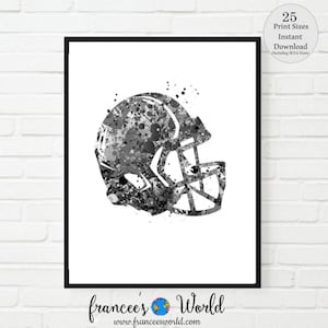 Puede incluir: Pintura de acuarela en blanco y negro de un casco de f&uacute;tbol americano. El casco est&aacute; pintado en un estilo de salpicadura con pintura blanca y negra.