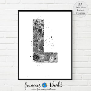 Decoración de dormitorio con la letra L, impresión con la letra L, blanco y negro, IMPRIMIBLE, acuarela, guardería con la letra L, monograma con la letra L, letra L, inicial L