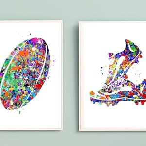 Rugby ball and shoes print set, Rugby printable art, Rugby ball poster, Sport art print,  Printable Dorm art, Rugby shoes , set of 2 prints