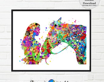 May include: A colourful watercolour painting of a woman and a horse. The woman is wearing a colourful dress and the horse is brown with a white mane. The painting is done in a splatter style with bright colours.