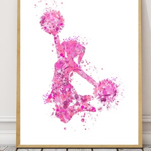 Różowy plakat cheerleaderki, wydruk cheerleaderki, akwarela cheerleaderki, sztuka cheerleaderki w akademiku, impreza cheerleaderki, cheerleaderka, wystrój cheerleaderki