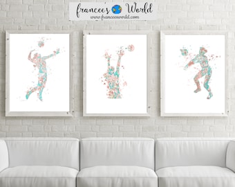 Volleyball wall decor, volleyball print, volleyball Printable, pink, blue, green, set of 3, girl volleyball wall art, wall decor, sport