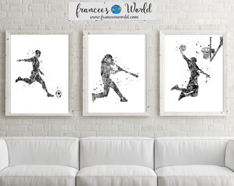 Basketball, Soccer, Baseball, Print, Set of 3 Sports, Black and White, Boys sports, Boys room art, black and white room decor, sport art