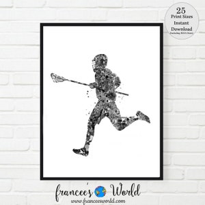 May include: Black and white watercolor illustration of a lacrosse player running with a stick and ball. The player is in mid-stride, with their stick raised above their head. The background is white.