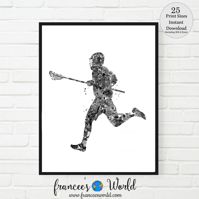 May include: Black and white watercolor illustration of a lacrosse player running with a stick and ball. The player is in mid-stride, with their stick raised above their head. The background is white.