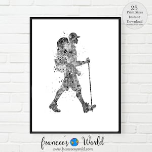 Impresión de excursionista, arte de excursionista en blanco y negro, acuarela de excursionista, excursionista masculino, senderismo con mochila, IMPRIMIBLE, regalo de excursionista, regalo de mochilero, arte de dormitorio
