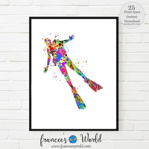 Scuba Diver Art Print scuba art underwater diver scuba tanks gift for scuba diver PRINTABLE colorful scuba diver picture Dorm art