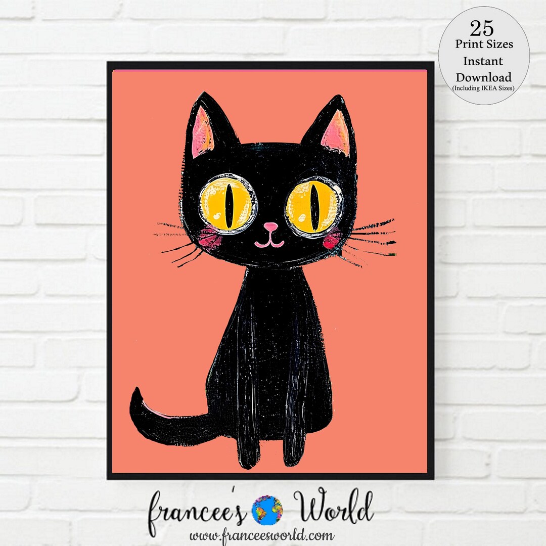 黒猫の水彩画：オレンジ色の部屋の寮の装飾（デジタルダウンロード