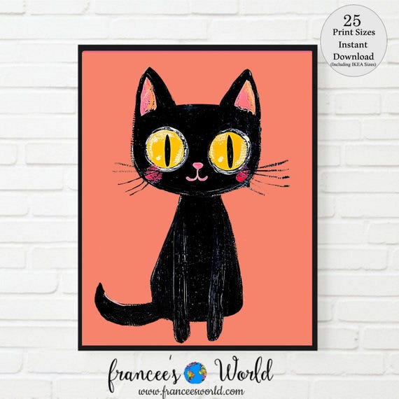 黒猫の水彩画：オレンジ色の部屋の寮の装飾（デジタルダウンロード