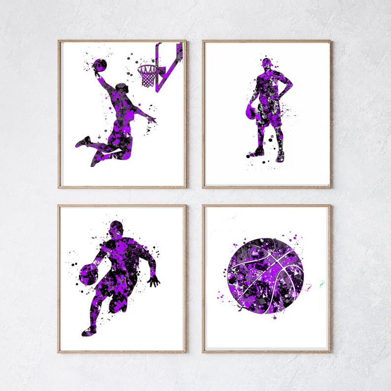 May include: Set of four printable wall art prints featuring basketball players and a basketball in a purple watercolor style.