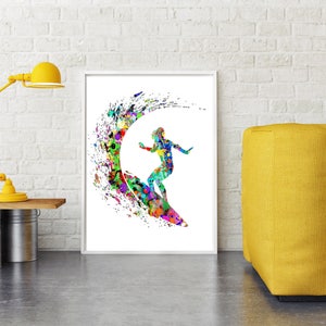Puede incluir: Una pintura acuarela colorida de una persona surfeando en una ola. La pintura est&aacute; hecha en un estilo de salpicadura, con salpicaduras de color creando la ola y el surfista.