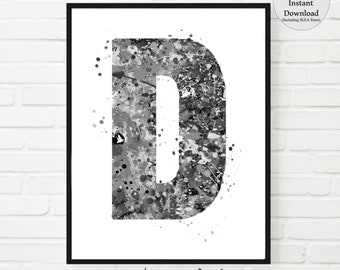Letter D Watercolor Print, Nursery Monogram Art (Digital Download) Monochrome decor