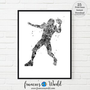 May include: Black and white watercolor painting of an American football player in action. The player is throwing the ball and is in mid-air. The painting is done in a splatter style, with the paint splattered across the canvas.