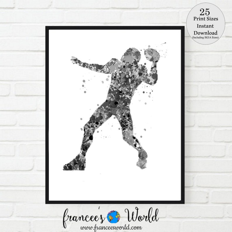 May include: Black and white watercolor painting of an American football player in action. The player is throwing the ball and is in mid-air. The painting is done in a splatter style, with the paint splattered across the canvas.