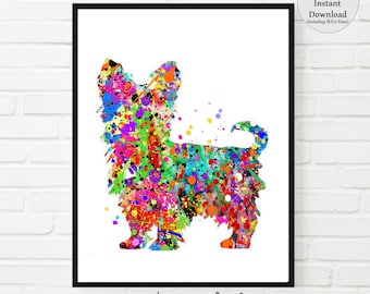 Peut inclure: Une peinture aquarelle colorée d'un Yorkshire Terrier. Le chien est délimité en noir et rempli de projections de couleurs vives, notamment du rouge, de l'orange, du jaune, du vert, du bleu, du violet et du rose.
